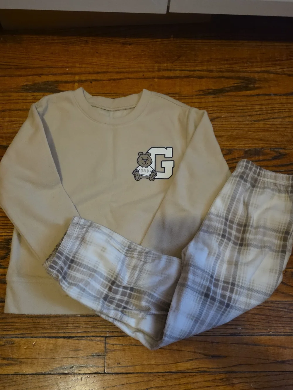 Baby GAP Unisex Beige Bear Logo Pajama Set with Plaid Pants